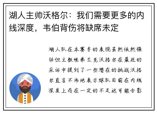 湖人主帅沃格尔：我们需要更多的内线深度，韦伯背伤将缺席未定