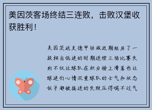 美因茨客场终结三连败，击败汉堡收获胜利！