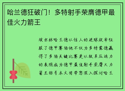 哈兰德狂破门！多特射手荣膺德甲最佳火力箭王