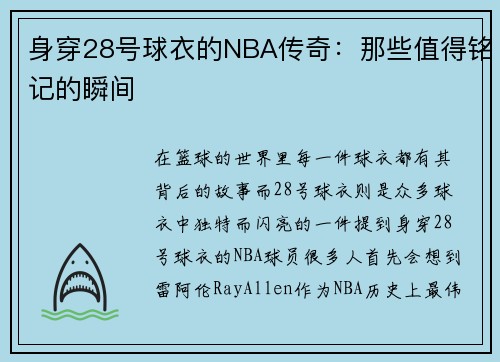 身穿28号球衣的NBA传奇：那些值得铭记的瞬间