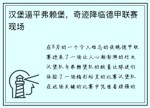 汉堡逼平弗赖堡，奇迹降临德甲联赛现场